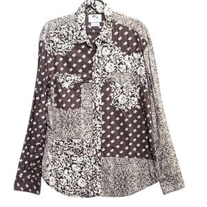 Lucky Brand Men's XL Patchwork Western Shirt Pearl Snaps Brown White Pockets